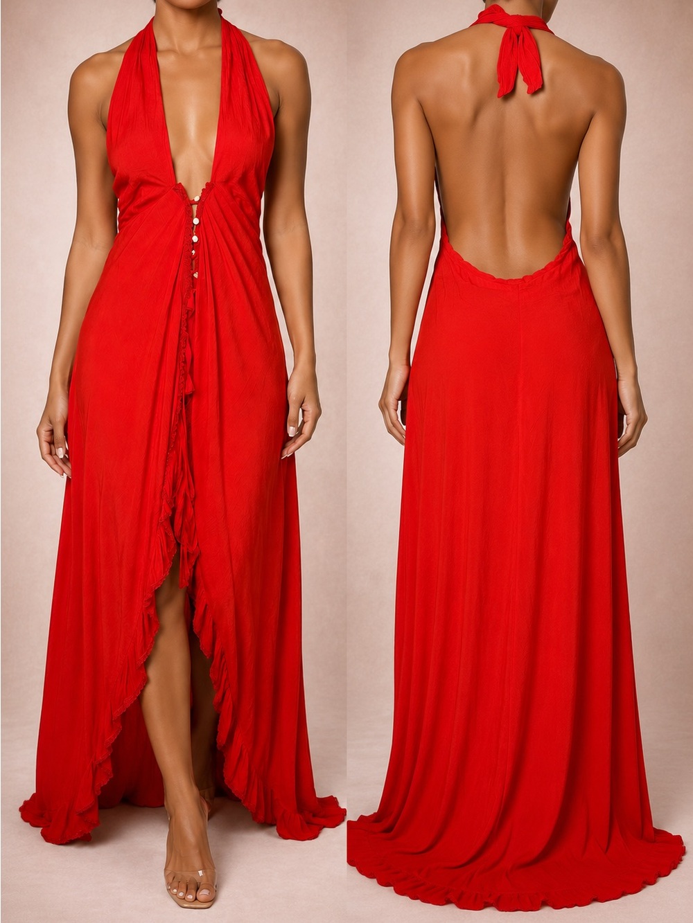 Peixoto Red Halter Backless Maxi Dress